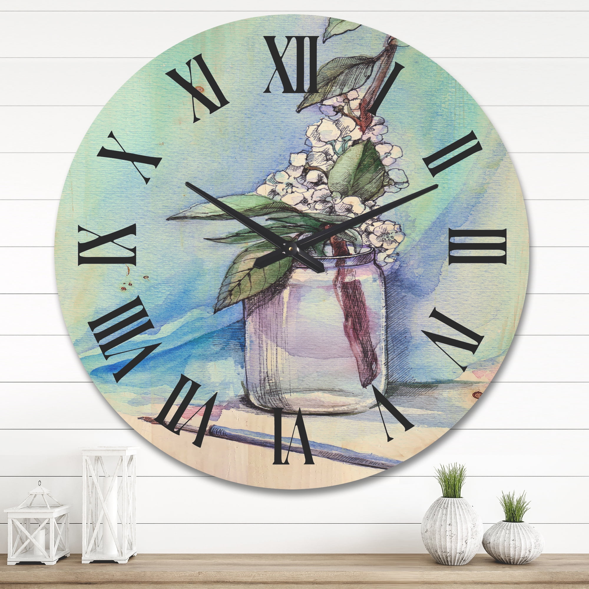 Designart 'Cherry Blossom Flowers In Glass Jar' Farmhouse Wood Wall Clock
