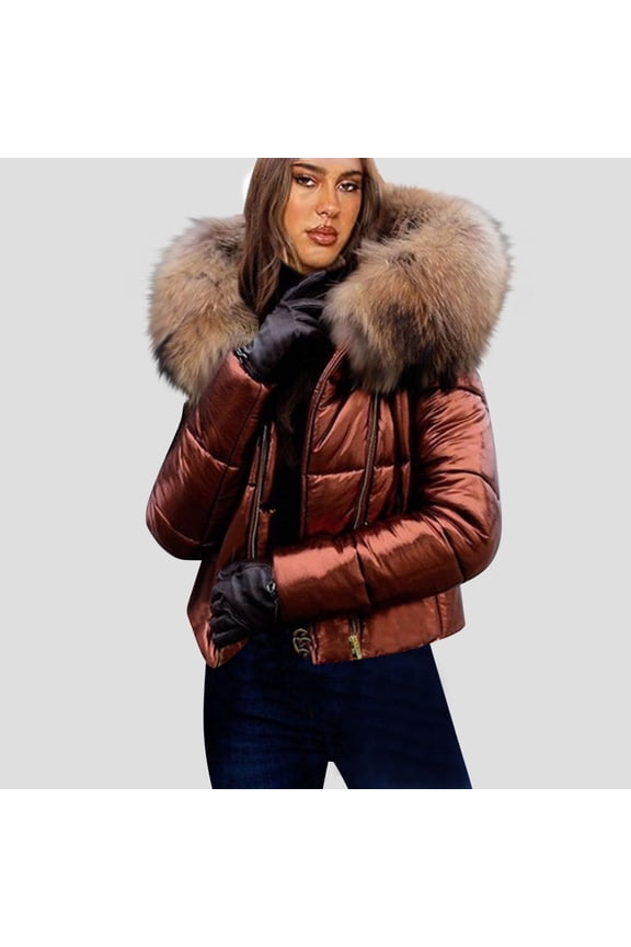 Womens Bright down Jacket Winter Warm Faux Fur Hooded Jacket Casual Warm Puffer Parka Coat Brown S
