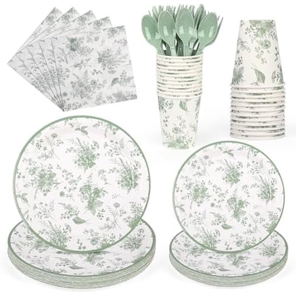 175Pcs Sage Green Floral Paper Plates and Napkins Sage White Flower Arrangements Toile Chinoiserie Party Supplies Set for Spring Summer Bridal Baby Shower Birthday Garden Tea Party