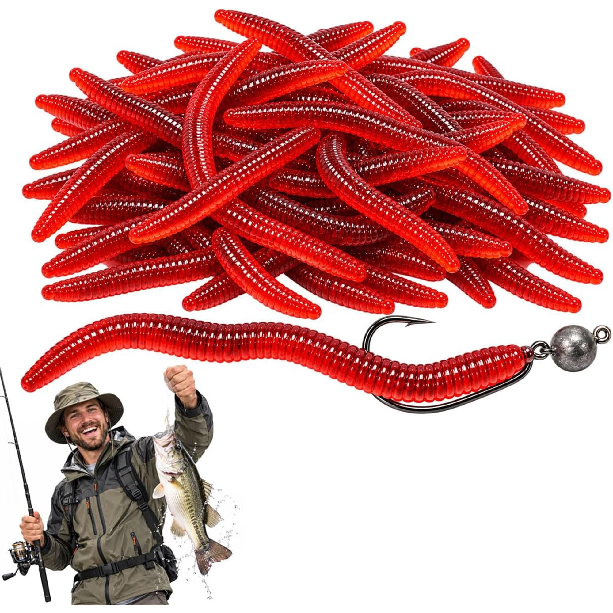 Earthworm Soft Fishing Lures Shrimp Scented Fake Worms Red Soft Plastic Bloodworm Grub Baits Trout Lures Fresh/Salt (#01 400Pcs)