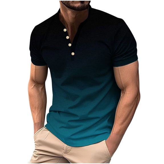 WREESH Men's Henley Shirts a Casual Short Sleeve Shirt with Gradient Print and Button Detail Gradient Trend Multicolor