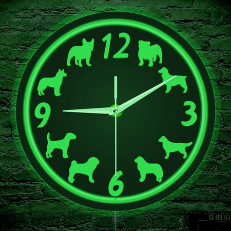 Dog Breeds Metal Frame Backlit Wall Clock for Bedroom Office Puppy Pet Home Decor Night Light Clock LED Glowing Neon Art Clock