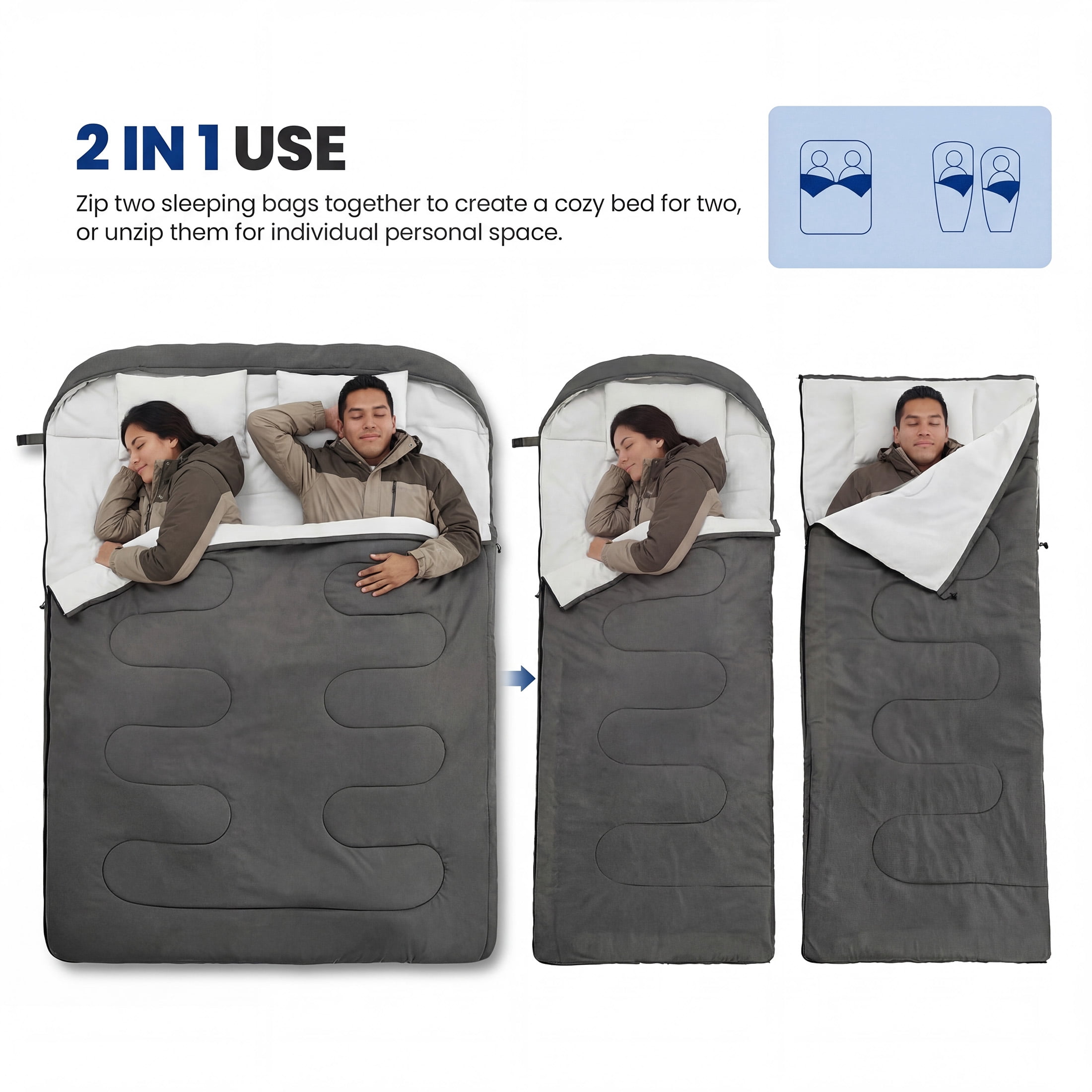 edx Double Sleeping Bag for Adults with 2 Pillows, Queen Size Waterproof Sleeping Bag 2 in 1 Design, Lightweight for Camping Travel, Black