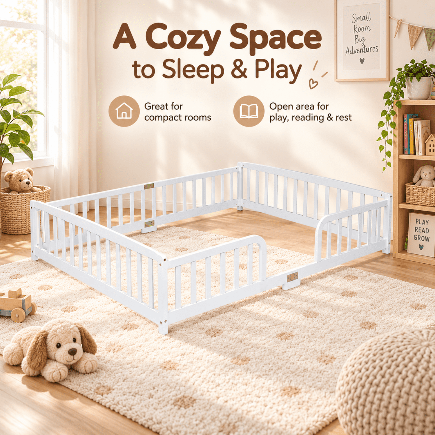 Miniyam Queen Size Kids Floor Bed with Guardrails, Low-to-Ground Montessori Wood Bed, White