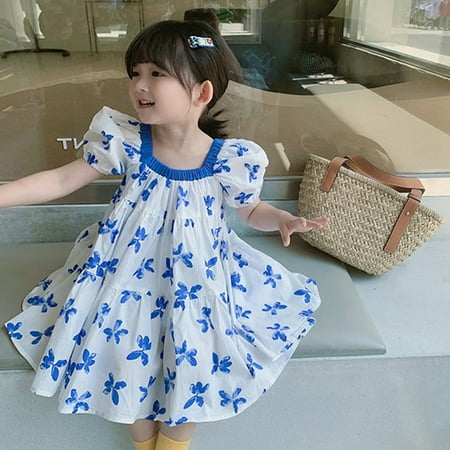 

NECHOLOGY Toddler Kids Baby Girls Clothes Summer Puff Sleeve Butterfly Pattern Princess Dress Casual Beach Toddler Wedding Dress Dress Blue 5-6 Years