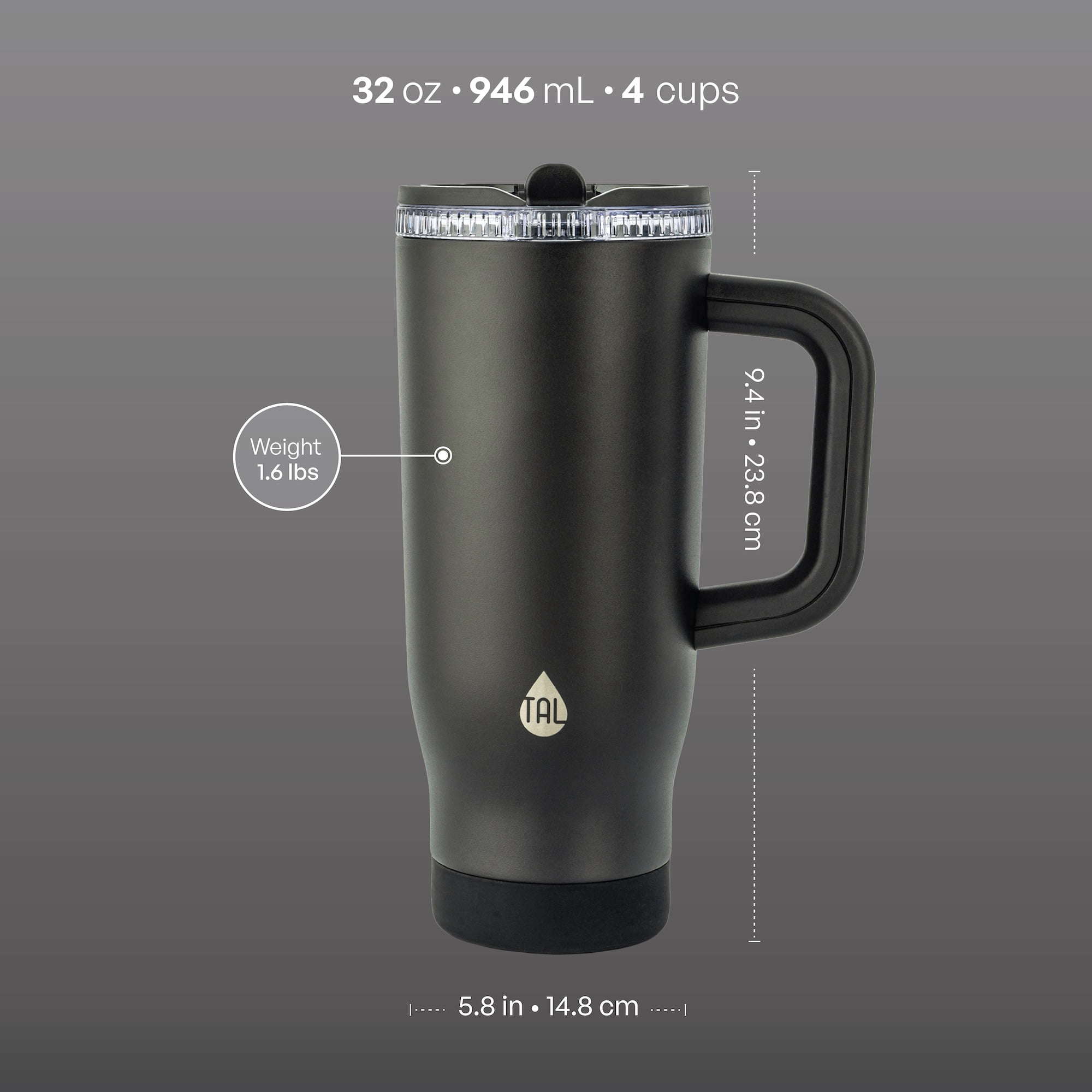TAL 32oz Stainless Steel Skye Tumbler with Flip-Up Straw, Black