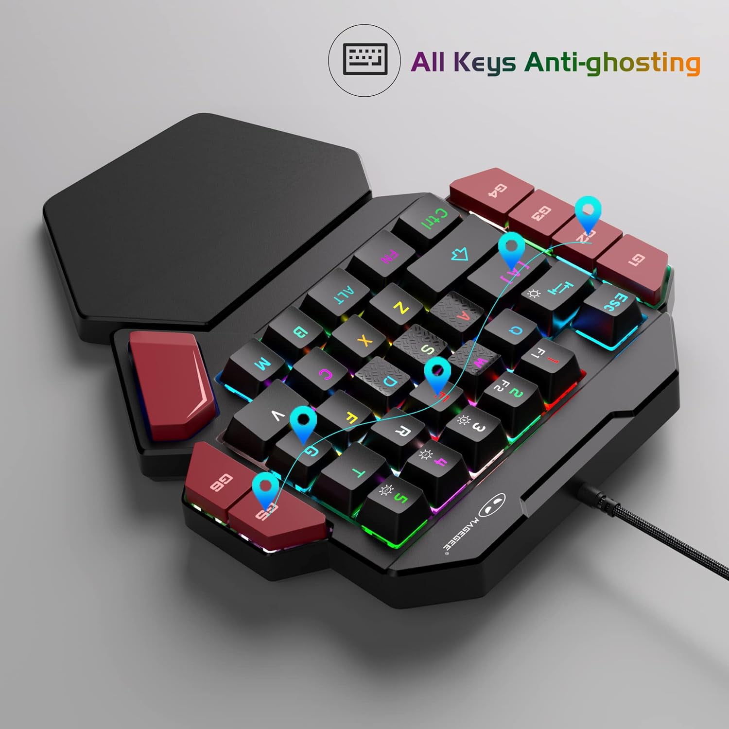 MageGee One Handed Professional Gaming Keyboard, RGB Backlit 35 Keys Mini Wired Mechanical Keyboard with Blue Switch for PC Gamer, Support 6 Macro Keys