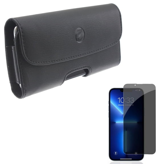 Privacy Screen Protector w Case Belt Clip for iPhone 13/Pro - Tempered Glass Curved Anti-Spy Anti-Peep 3D Edge, Leather Holster Cover Pouch Loops G1N Compatible With iPhone 13/Pro