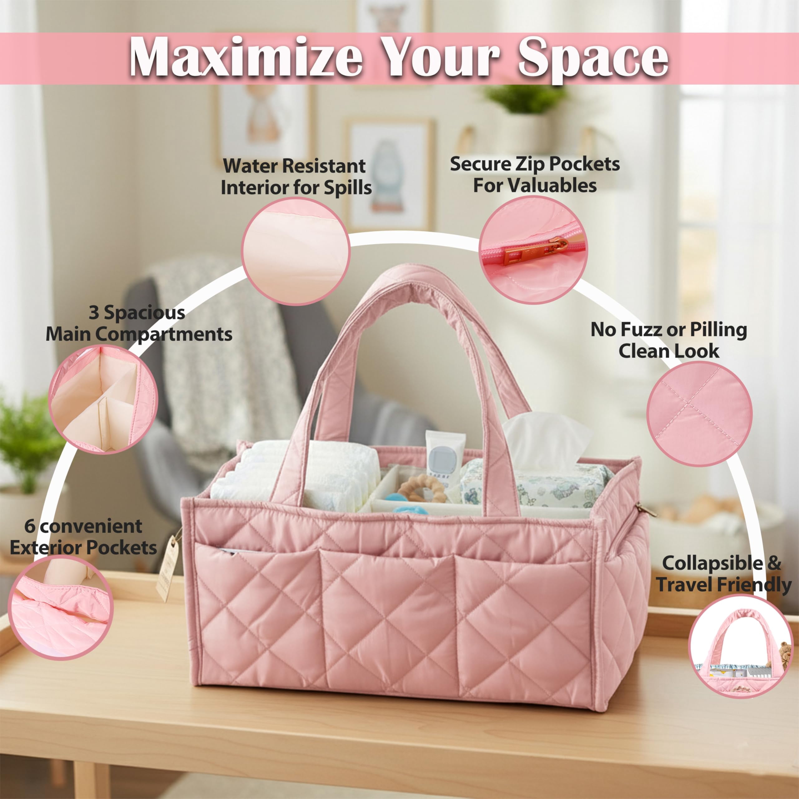 Baby Diaper Caddy Organizer, Nursery Storage Basket for Newborn Essentials, Travel Baby Basket for Diapers Baby Wipes, Organizer Tote Bag Storage Bin, Baby Shower Gifts (Pink)