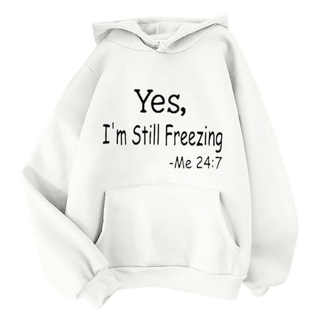 Dtydtpe Women s Print Long Sleeved Sweatshirt Blouse Pullover Solid Color Hooded White XL