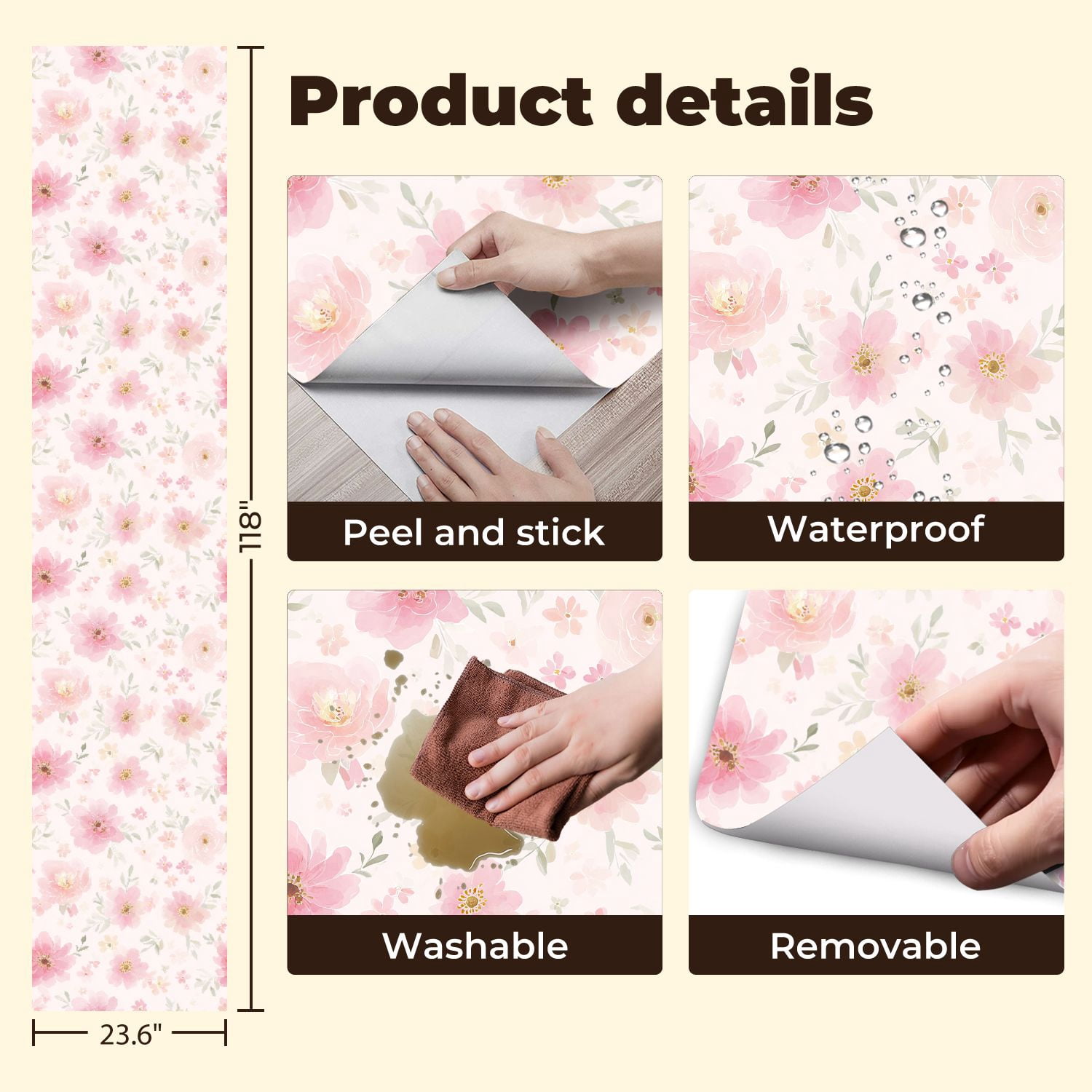 Peel and Stick Wallpaper Soft Pink Floral Watercolor Roses Delicate Blooms Wall Mural 23.6in x 9.8ft Self Adhesive Removable Wall Paper Renter Friendly Wallpaper for Bedroom Livingroom Office