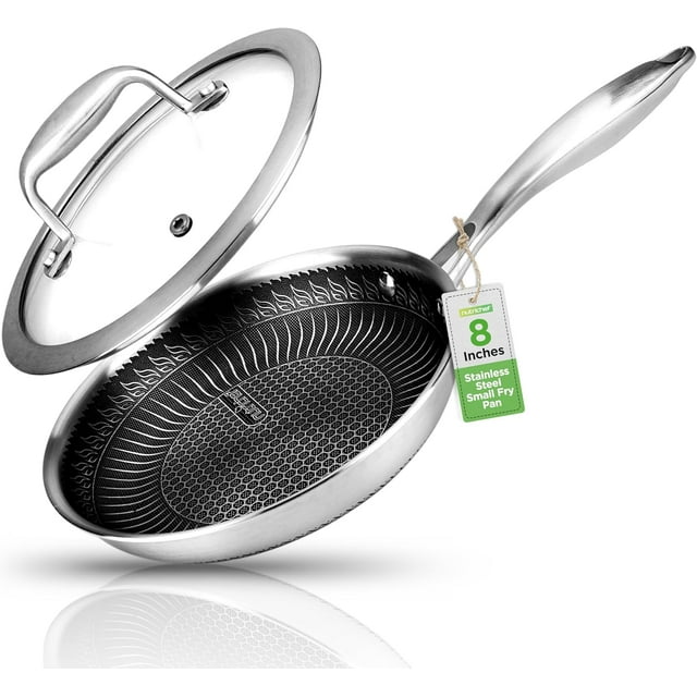 NutriChef 8" Stainless Steel Frying Pan - Triply Kitchenware Stir Fry Pan Kitchen Cookware W/Dakin Etching Non-Stick Coating, Scratch-Resistant Raised-Up Honeycomb Fire Textured Pattern