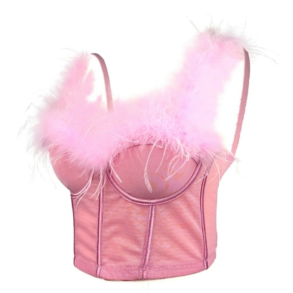 Xfvqtps Womens Feather Corset Crop Tops Sling Tube Top Spaghetti Straps Bustier Vest Flexible Boned Support Pink