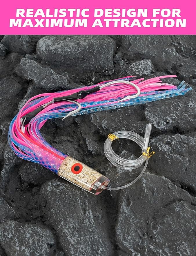 BLUEWING 15in Big Game Trolling Lure with Double Rigged Hookset and 300lb High Strength Fishing Line Saltwater Fishing Lures for Wahoo Tuna Marlin Mahi Mahi Pink/Blue