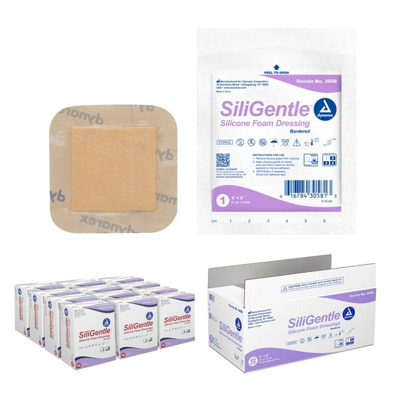 Dynarex SiliGentle Foam Dressings, Advanced Wound Care, Waterproof and Absorbent, 2” x 2” Foam Pad Dressing with Silicone Layer, 1 Case of 120 Adhesive Silicone Foam Dressings