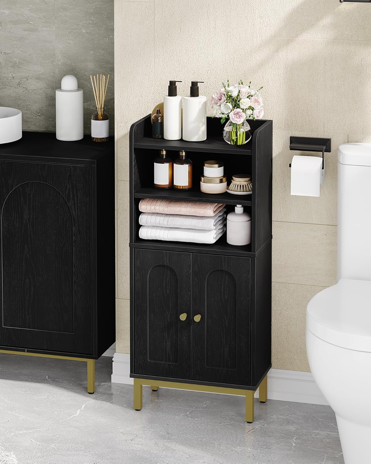 Bathroom Storage Cabinet, Small Floor Cabinet with 2 Door and Shelves, Toilet Paper Cabinets, Bathroom Organizer with Adjustable Shelf, for Small Spaces Black 7.9" D x 14.6" W x 32.7" H
