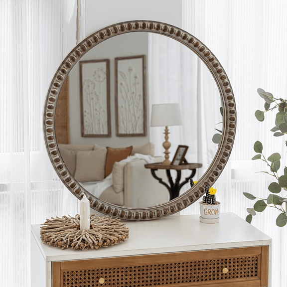COZAYH Distressed Wood Frame Accent Mirror, Rustic Farmhouse Style Decorative Wall Mirror (Round)