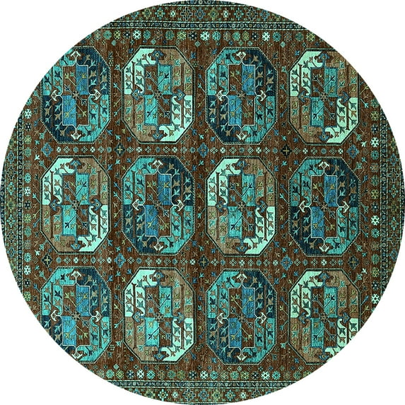 Ahgly Company Machine Washable Indoor Round Oriental Turquoise Blue Industrial Area Rugs, 3' Round