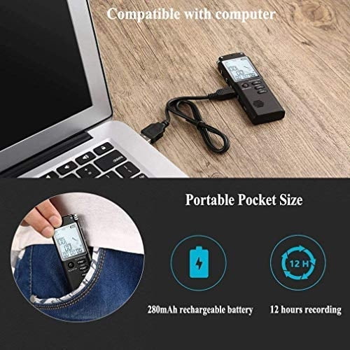 Lychee 8GB Grabadora de voz USB Recargable Dictáfono LCD Grabadora con altavoz Audio digital multifuncional y reproductor de música MP3 (negro)