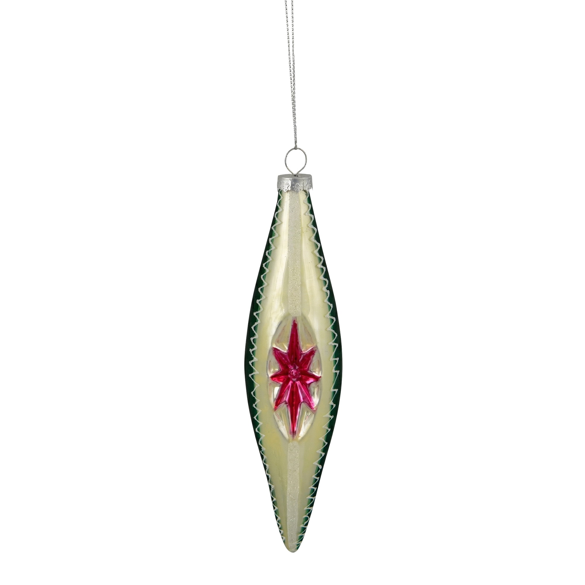 6.75" Green and White Retro Reflector Finial Glass Christmas Ornament