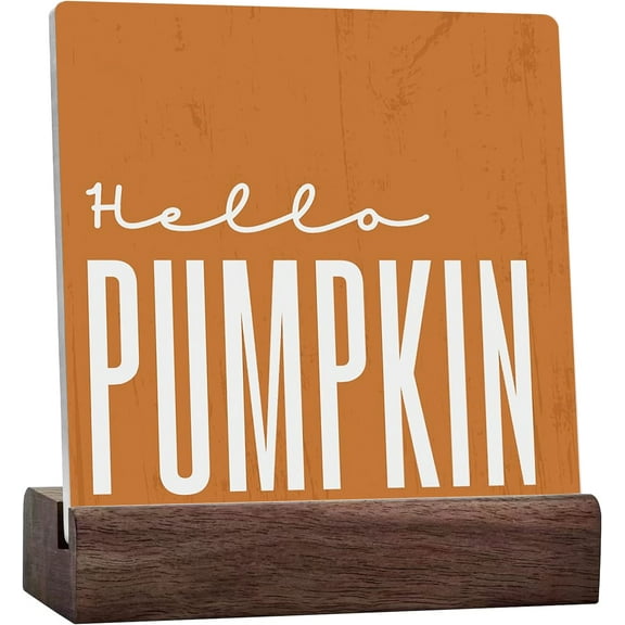Rustic Hello Pumpkins Fall Ceramic Desk Sign, Farmhouse Artwork Decor, Retro Autumn Thanksgiving Harvest Square Sign Desk Signs Home Shelf Office Decoration