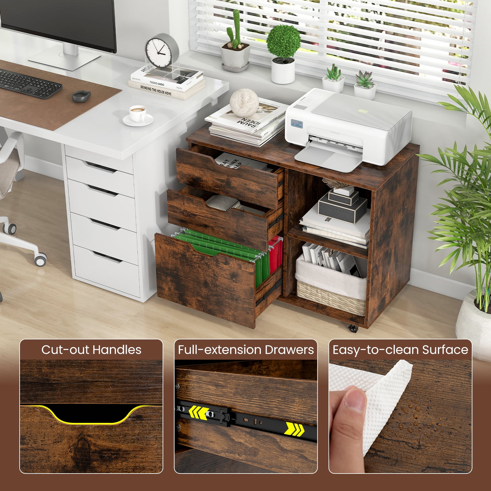Giantex Rolling File Cabinet, Lateral Filing Cabinet w/Open Storage Shelves, Under Desk Storage Organizer, Mobile Printer Stand, Brown