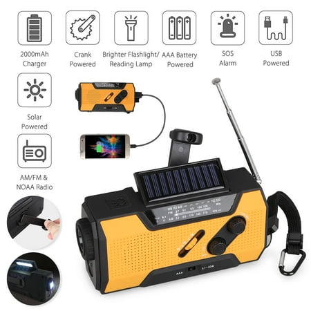 Ambient Weather Radio Battery Solar Weather Radio, EEEKit Hand Crank Self Powered Emergency FM/AM Radio Table Lamp LED Flashlight with 2000mAh Rechargeable Battery and Carabiner for Home Outdoors ()