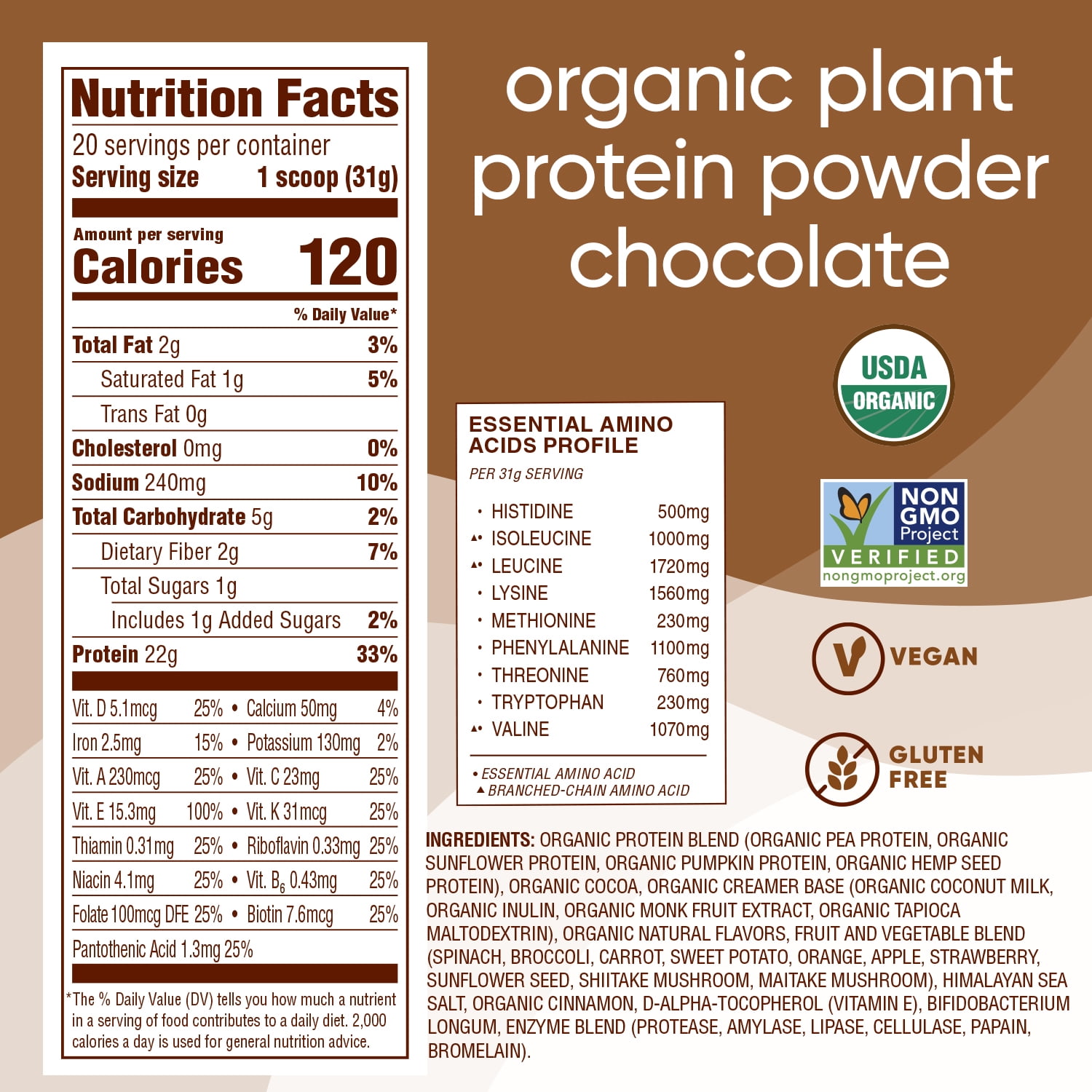 Nutiva Organic Plant Protein Smoothie Powder Chocolate 21g Protein 1.4lb 21.9oz Walmart
