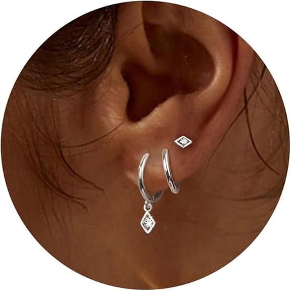 Yomhary Rhombus Frame CZ Stud Earrings, White Gold Plated Brass with Pink Linen Jewelry Bag