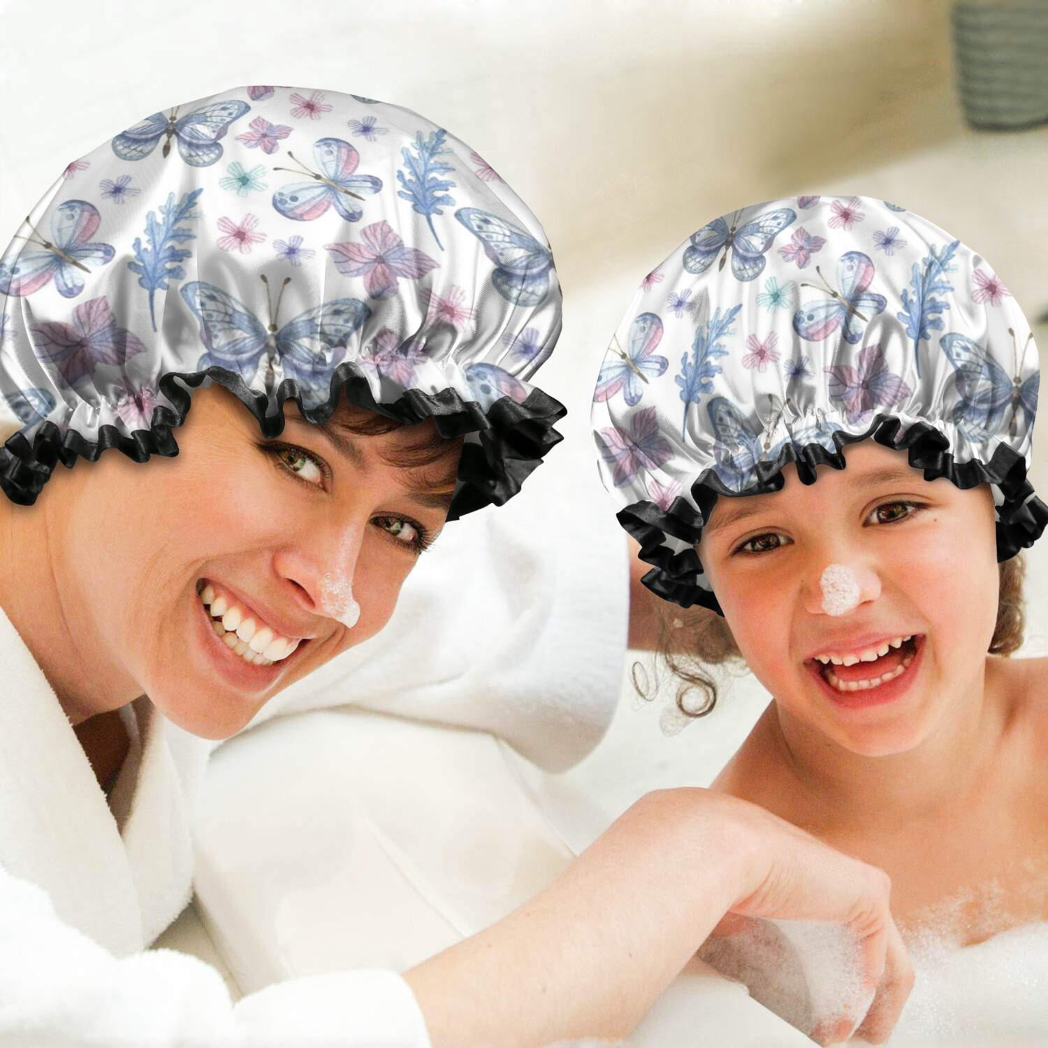 Shower Caps,Watercolor Butterfly Flower Leaf White Pattern Waterproof Shower Cap for Women 4 Pieces,Double Reusable Hair Cover for Shower PEVA Elastic Stretch Hem