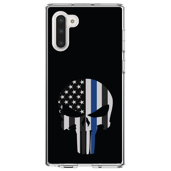 DistinctInk Clear Shockproof Hybrid Case for Samsung Galaxy Note 10 (6.3" Screen) - TPU Bumper, Acrylic Back, Tempered Glass Screen Protector - Thin Blue Line Skull - Support for First Responders