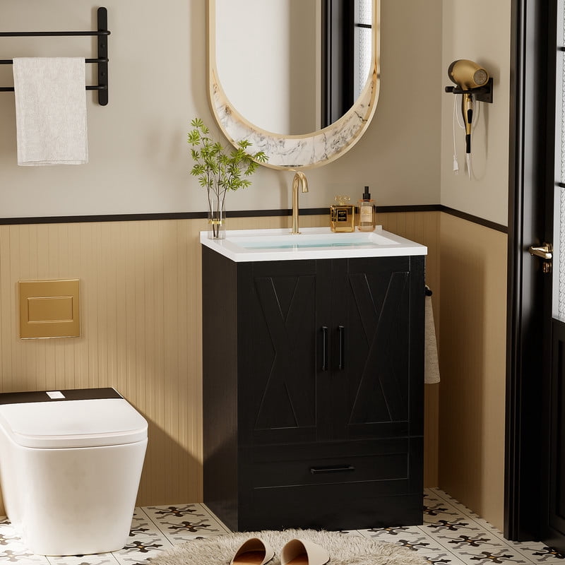 Lumihaven 24" Bathroom Vanity with Resin Sink, Freestanding Wood Vanity Cabinet with 2 Doors & 1 Drawer, Undermount Sink Storage Cabinet, Black