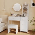 thumbnail image 2 of EDTara Lighted Round Mirror Vanity Desk, Small Makeup Table With Built-In Outlet, 4 Fabric Drawers and Three Shelves, 2 of 7