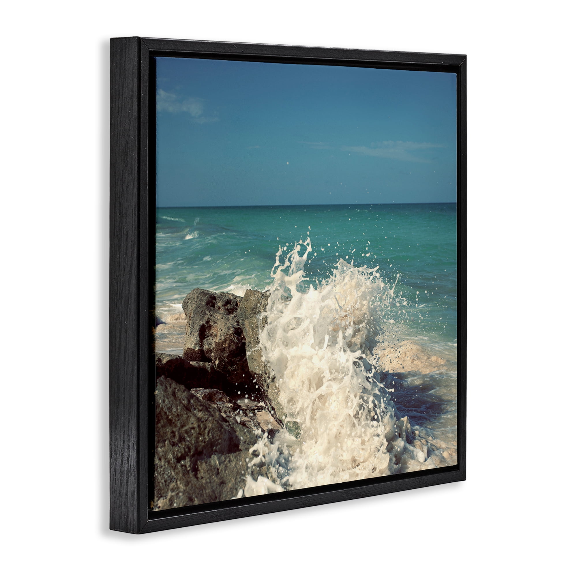 Stupell Industries Splashing Beach Spray Coastal Photography Black Floater Framed Canvas Art Print Wall Art, 25 x 25