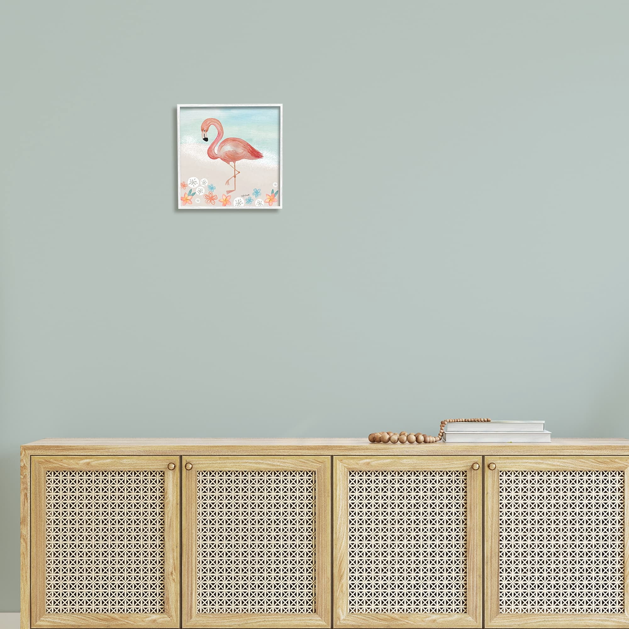 Stupell Industries Flamingo Standing Shoreline Various Sand Dollars Botanicals Painting White Framed Art Print Wall Art, Design by Katie Doucette