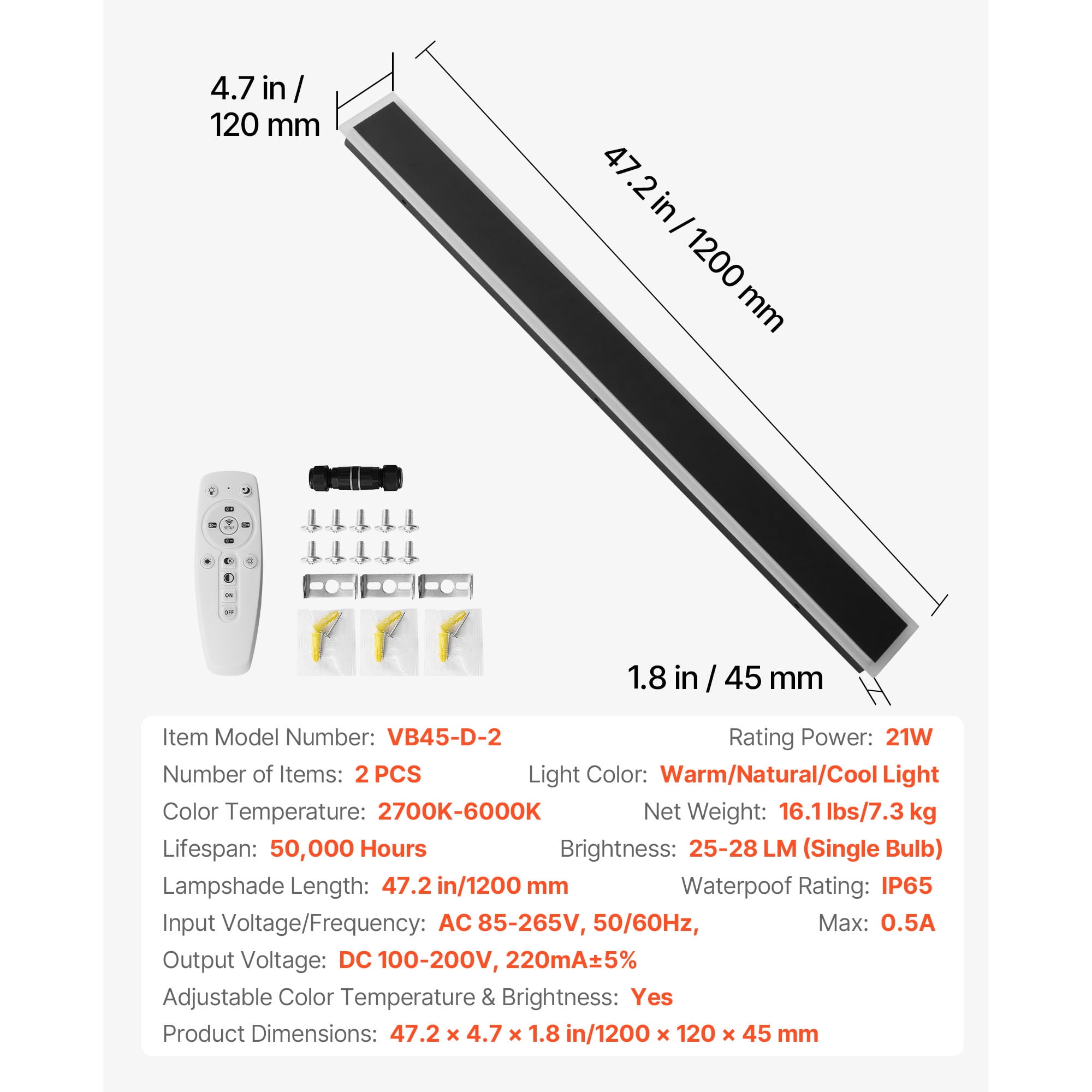 KFFKFF Outdoor Wall Light Set, 2-Pack, 47.2-Inch Modern Vertical Wall Sconce Fixtures, Adjustable 2700K-6000K Color Temperature, IP65 Waterproof, Rust-Resistant, Dimmable Exterior Lighting for Porch