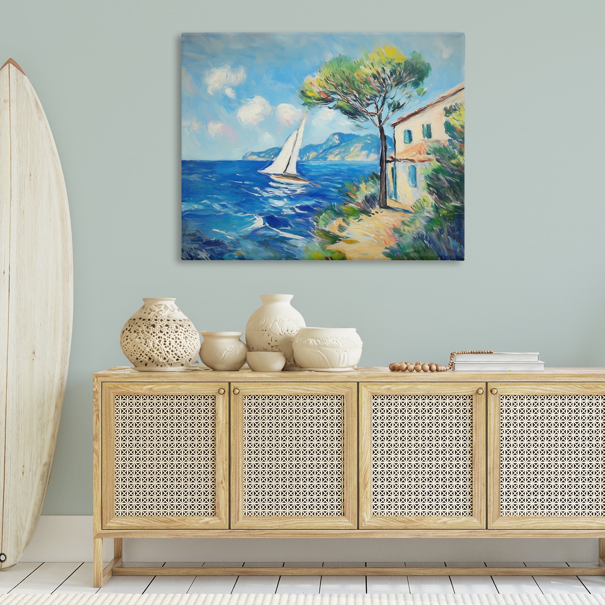Stupell Industries Sailboat & Beach Villa Coastal Painting Gallery Wrapped Canvas Art Print Wall Art, 48 x 36