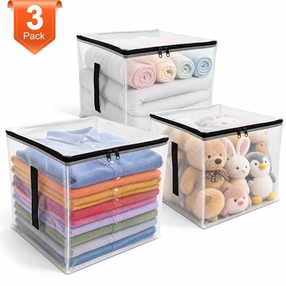 3 Pack Clear PVC Zipper Storage Bags, Foldable Cube Storage Bins with Handle, Dustproof Transparent Closet Organizer for Clothes, Blankets, Towels and Toys