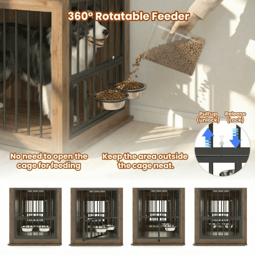 71'' Furniture Style Double Dog Crate with 3 Fluted Drawers and Waterproof Walnut Woodgrain Tabletop,Large Dog Kennel Furniture with Type-C Power Outlet & Rotating Feeders for Heavy Duty Dogs(Walnut)