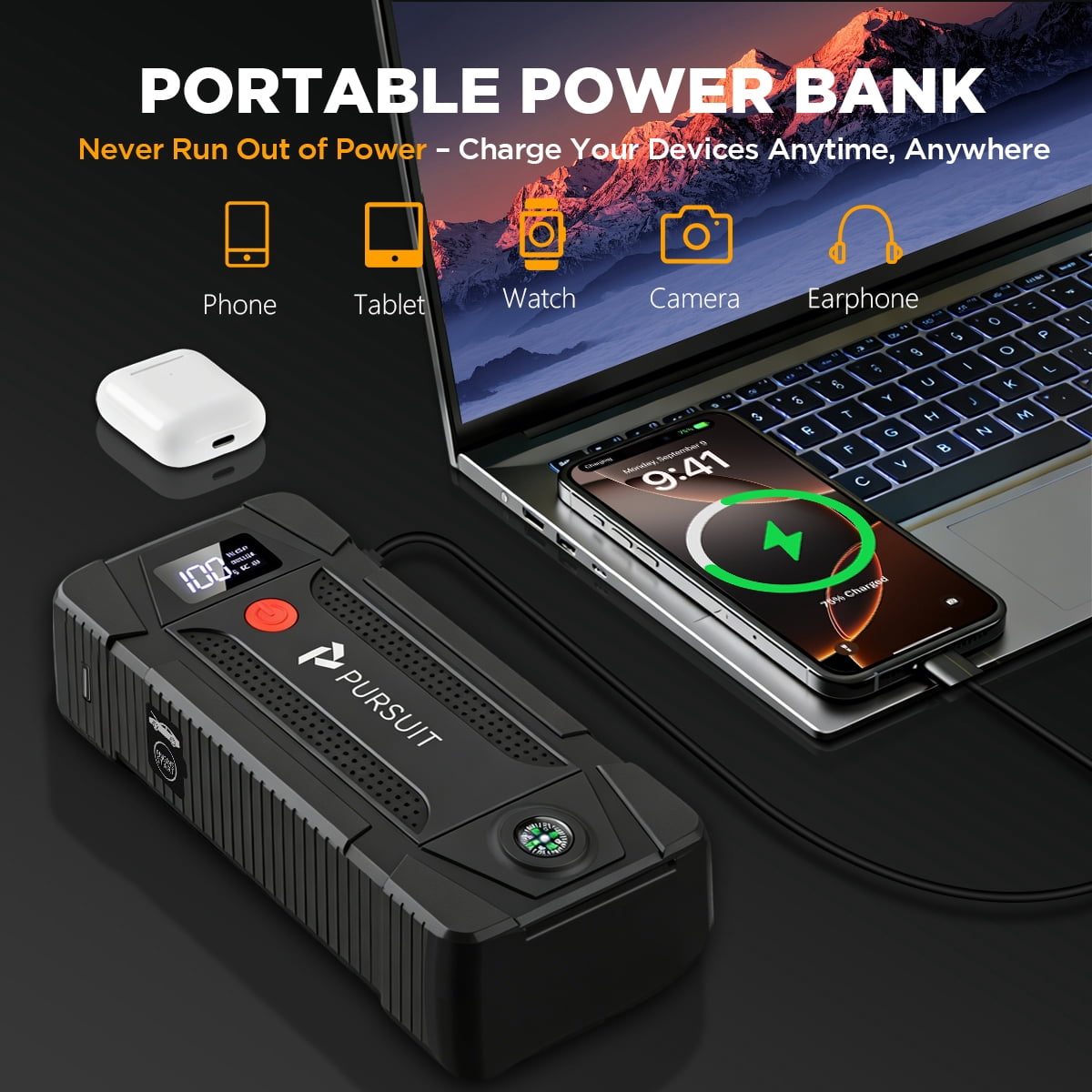 Pursuit 5000A Car Jump Starter for Travel, Compact 12V Lithium Battery Booster Jump pack with 3 Modes Flashlight for 8.0L Gas and 2.0L Diesel Engines, Ultrasafe Jump Box Power Bank