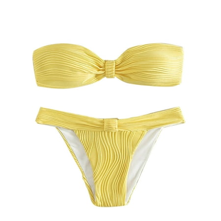 Bigersell Bandeau Swimsuits for Women - Strapless 2 Piece Bathing Suits - Padded Bra / Cheeky Bottoms Two Piece Swimsuits Vacation Swimwear Yellow S