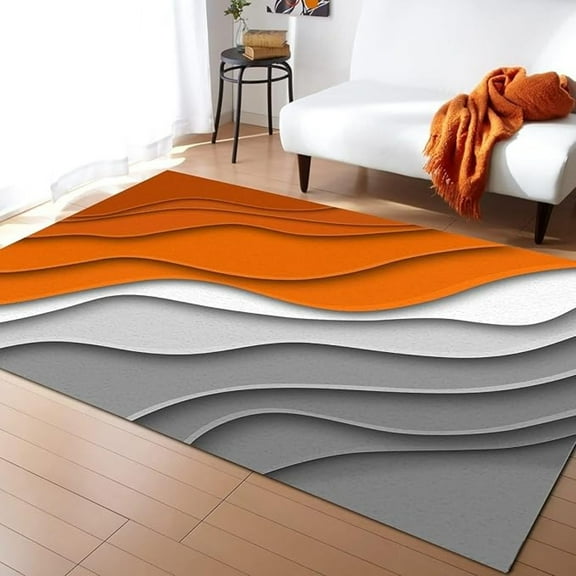 Orange Gray Water Lines Area Rug, Modern Abstract Geometric Stripes Washable Rugs, With Anti-Slip Easy Clean Carpet For Living Room Bedroom Kitchen Dining Room Home Office 2x3ft