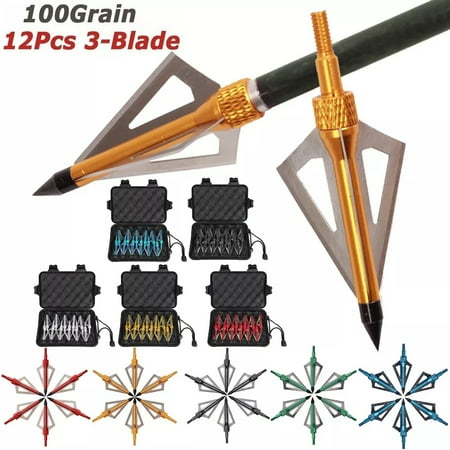12 Pack 3 Fixed Blade Archery Hunting Broadheads 100 Grain with Case Arrow Head