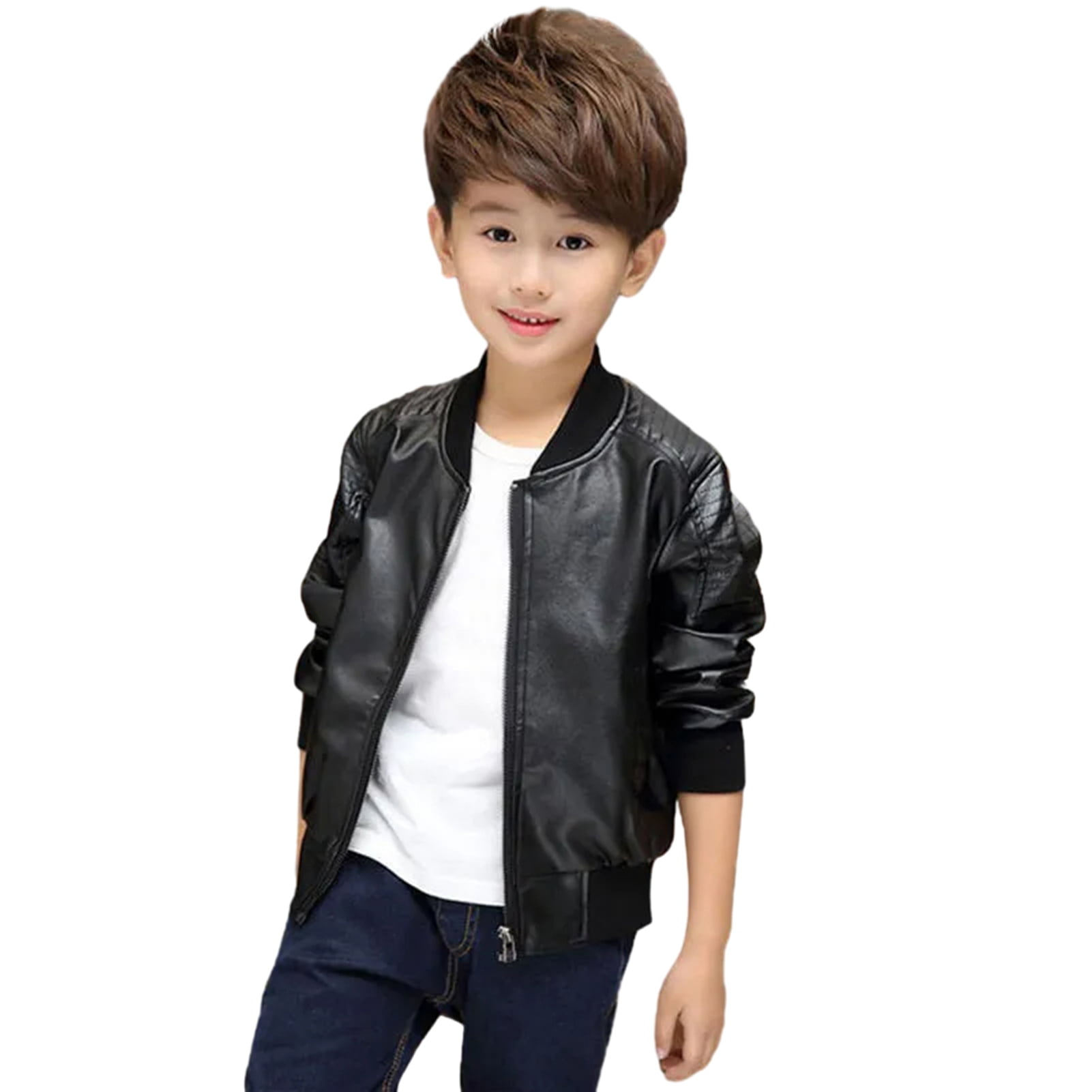 Children Thermal Jacket Boys Faux Leather Jacket Autumn Winter Thick Warm Plush Lined V Neck Zipper Pocket Long Sleeves Kids Coat Kids Fleece Coat Walmart