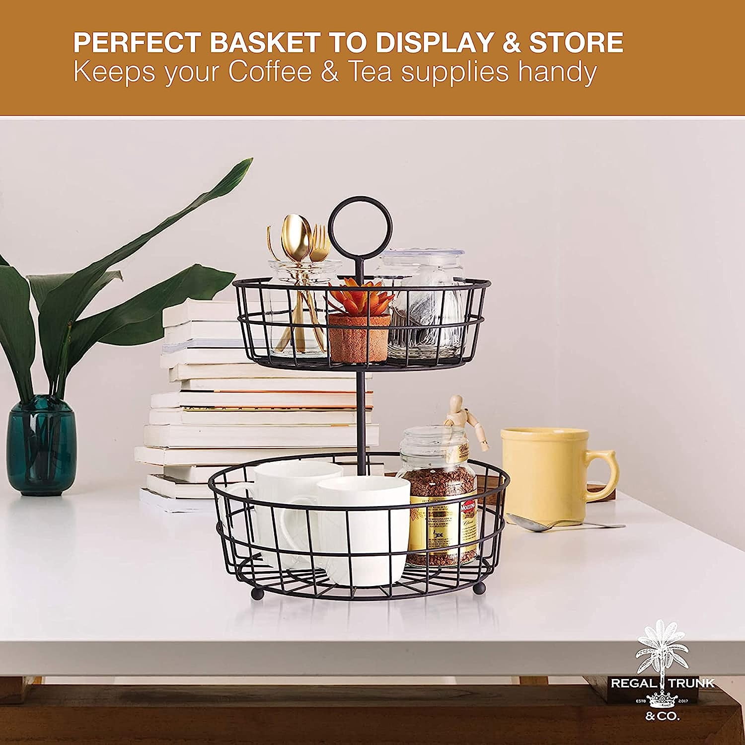 Regal Trunk & Co 2 Tier Fruit Basket, Wire Organizer, Matt Brown, Metallic Frame, Kitchen Size