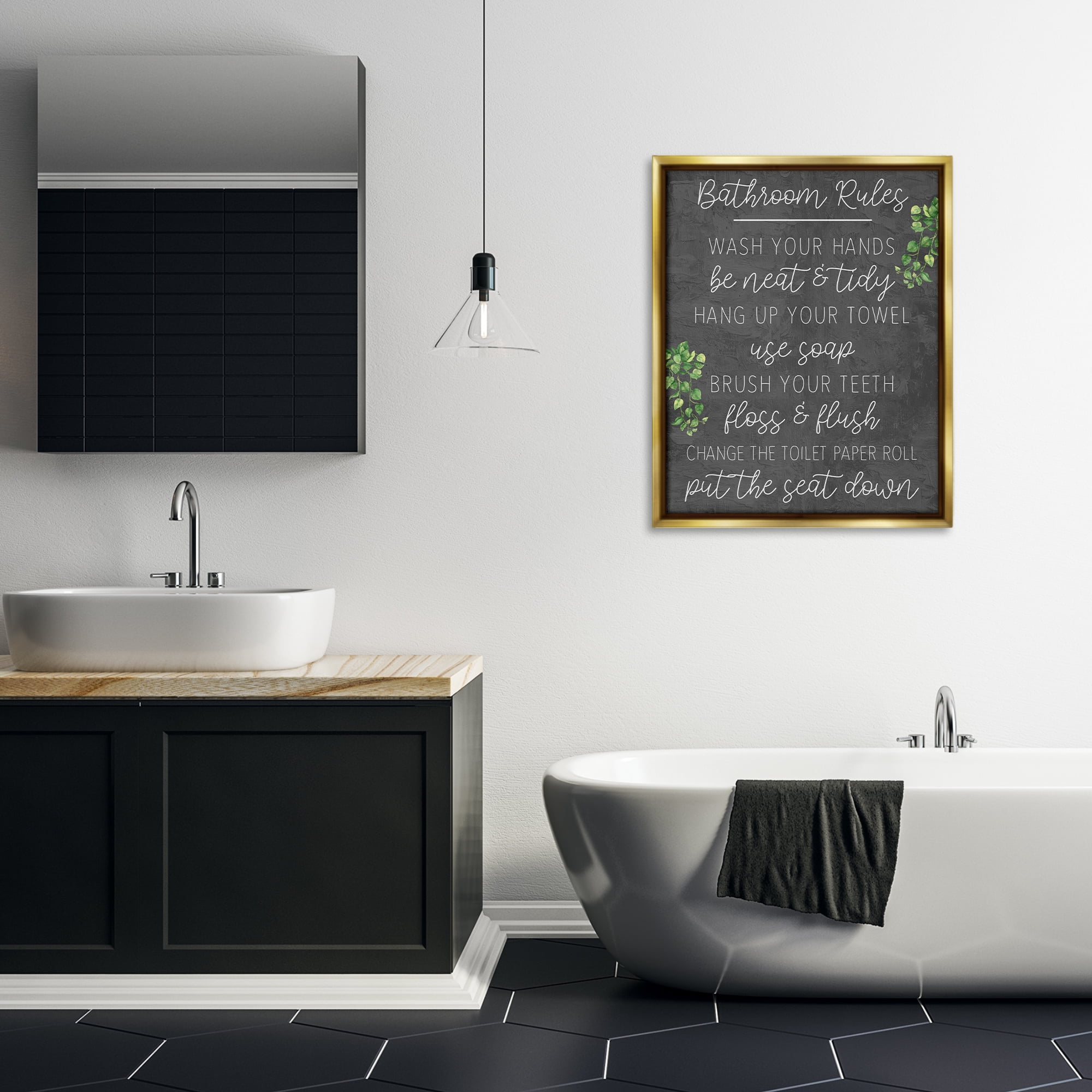 Stupell Industries Bathroom Rules with Greenery Bath & Laundry Painting Gold Floater Framed Canvas Art Print Wall Art, 25 x 31