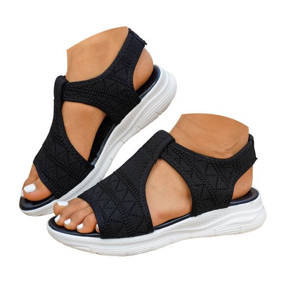 Womens Wedge Chunky Platform Sandals Firm Knit Upper Memory Foam Shoes Lightweight Summer Athletic Walking Sneakers Black Size 8.5