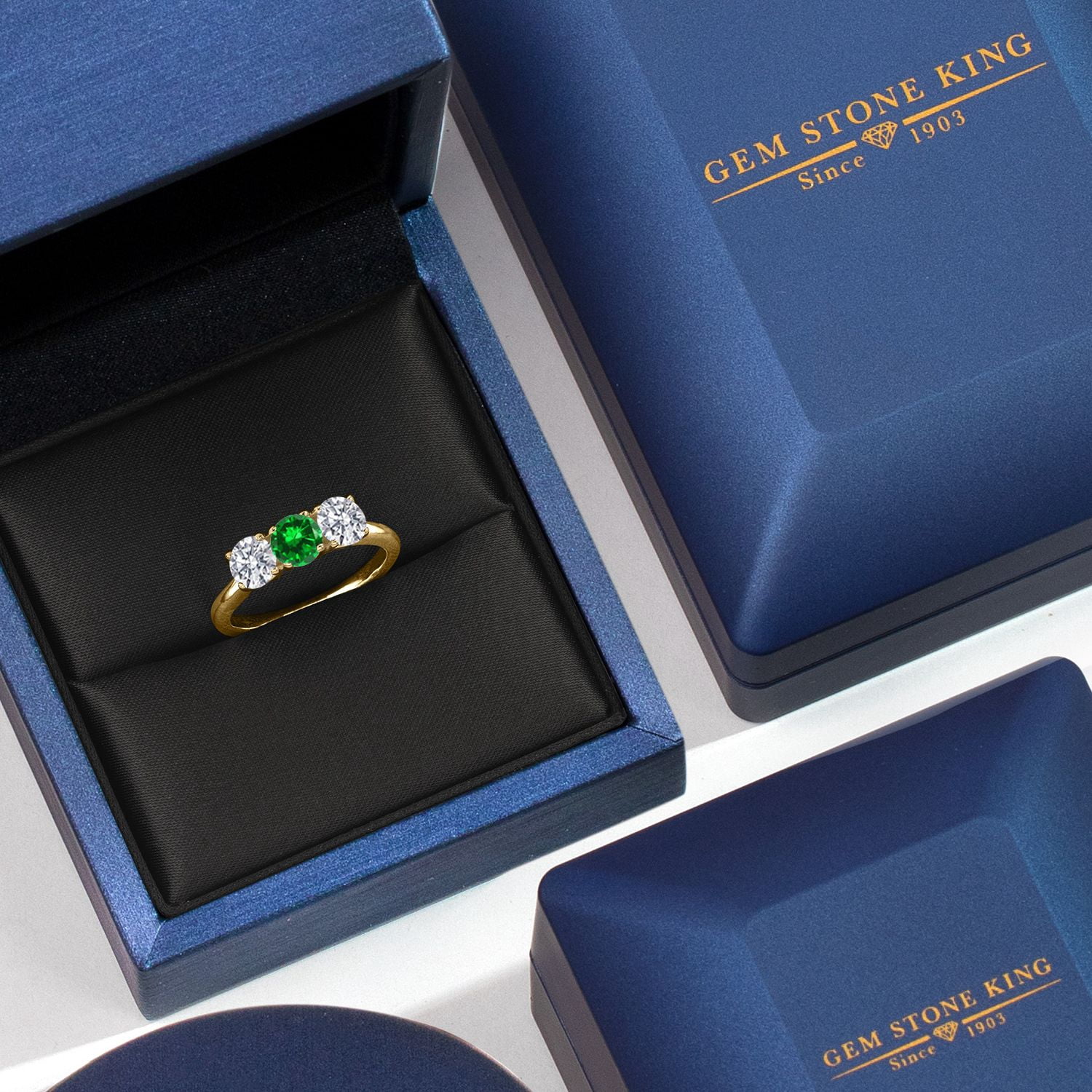 Gem Stone King 18K Yellow Gold Plated Silver Green Created Emerald and Lab Grown Diamond Engagement Ring for Women | 1.84 Cttw | Round 5MM | Gemstone May Birthstone | Size 8