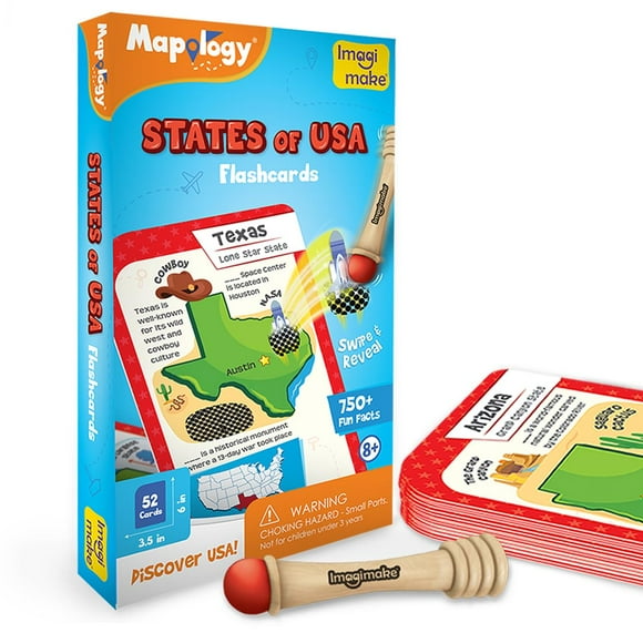 Tarjetas didácticas Imagimake Mapology USA con banderas y formas de estados del 8 al 12