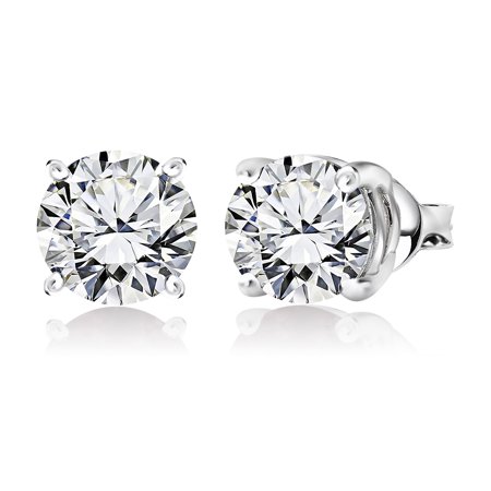JeenMata 1 Carat Round Shaped - Cubic Zirconia - April Birthstone Solitaire Stud Earrings in 18K White Gold Plating Over Silver